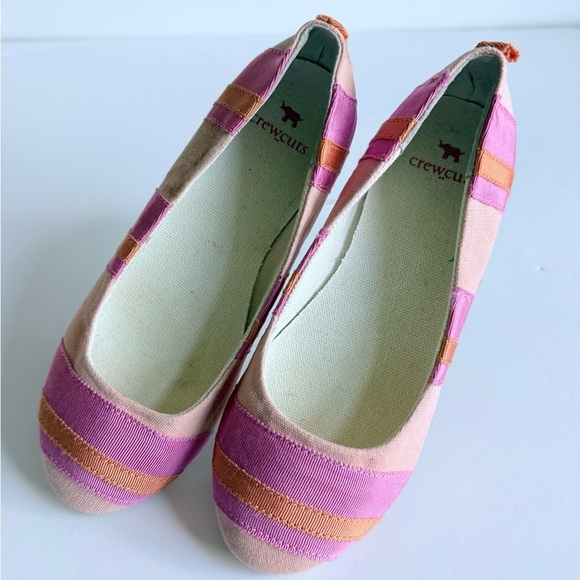 Crewcuts Girls Sz 1 Pink Orange Striped Ballet Flats Canvas Slip-On Shoes New
